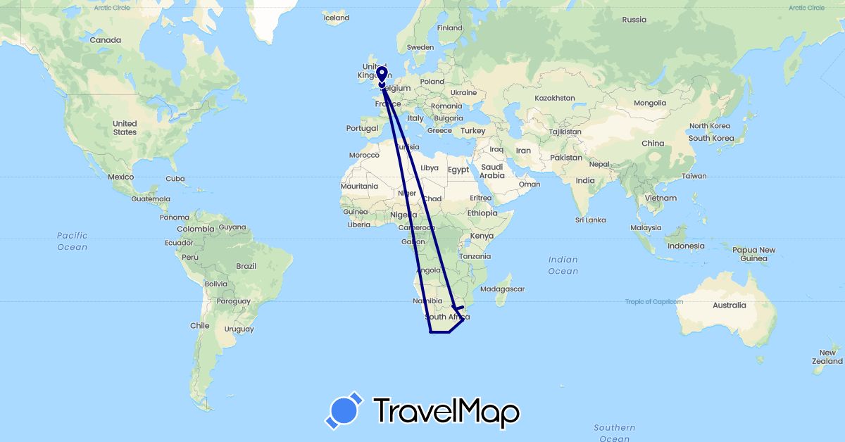 TravelMap itinerary: driving in United Kingdom, South Africa (Africa, Europe)